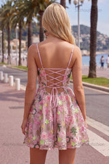 Suzhoufashion Floral Pink Spaghetti Strap A-Line Short Homecoming Dress with Pockets