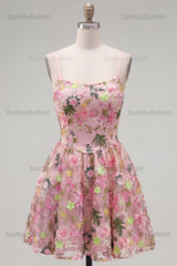 Suzhoufashion Floral Pink Spaghetti Strap A-Line Short Homecoming Dress with Pockets