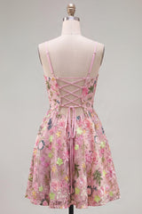 Suzhoufashion Floral Pink Spaghetti Strap A-Line Short Homecoming Dress with Pockets