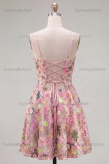 Suzhoufashion Floral Pink Spaghetti Strap A-Line Short Homecoming Dress with Pockets