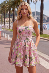 Suzhoufashion Floral Pink Spaghetti Strap A-Line Short Homecoming Dress with Pockets