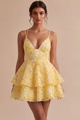 Suzhoufashion Floral Ruffled Light Yellow A Line Beaded Tiered Short Homecoming Dress