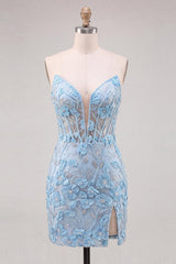 Suzhoufashion Floral Sky Blue Lace Tight Corset Short Homecoming Dress with Slit