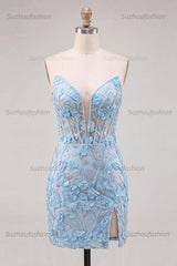 Suzhoufashion Floral Sky Blue Lace Tight Corset Short Homecoming Dress with Slit