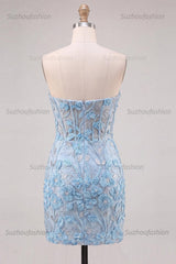Suzhoufashion Floral Sky Blue Lace Tight Corset Short Homecoming Dress with Slit