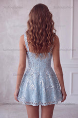 Suzhoufashion Floral Sky Blue Sequin A-Line Short Homecoming Dress with Bow