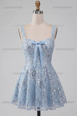 Suzhoufashion Floral Sky Blue Sequin A-Line Short Homecoming Dress with Bow