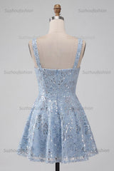 Suzhoufashion Floral Sky Blue Sequin A-Line Short Homecoming Dress with Bow