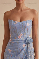 Suzhoufashion Floral Strapless Light Blue Beaded Tight Short Homecoming Dress