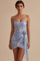 Suzhoufashion Floral Strapless Light Blue Beaded Tight Short Homecoming Dress