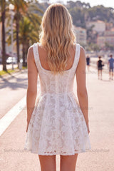 Suzhoufashion Floral White Beaded Lace Scoop Neck A-Line Short Homecoming Dress