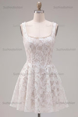 Suzhoufashion Floral White Beaded Lace Scoop Neck A-Line Short Homecoming Dress
