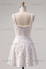 Suzhoufashion Floral White Beaded Lace Scoop Neck A-Line Short Homecoming Dress