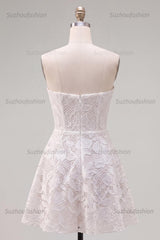 Suzhoufashion Floral White Lace A-Line Strapless Short Homecoming Dress with Bow