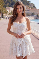 Suzhoufashion Floral White Lace A-Line Strapless Short Homecoming Dress with Bow