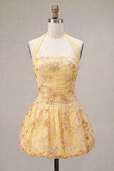 Suzhoufashion Floral Yellow A-Line Halter Short Corset Homecoming Dress