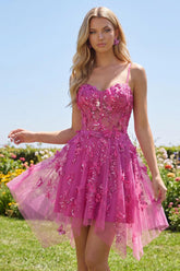 Suzhoufashion Fuchsia Floral Beaded A-Line Corset Short Homecoming Dress