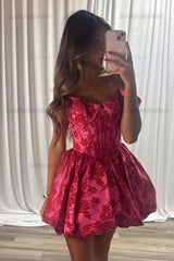 Suzhoufashion Fuchsia Floral Off-the-Shoulder A-Line Corset Short Homecoming Dress
