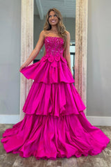 Suzhoufashion Fuchsia Strapless Layered Satin A-Line Prom Dress With Glitter Bodice And Bowknot Formal Evening Gown