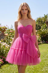 Suzhoufashion Fuchsia Sweetheart Ruched A-Line Short Homecoming Dress with Bow