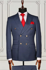 Suzhoufashion Glamorous Dark Blue Double Breasted Peaked Lapel Men Suits
