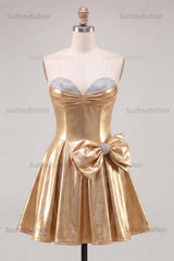 Suzhoufashion Gold A Line Metallic Beaded Short Homecoming Dress with Bow