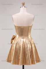 Suzhoufashion Gold A Line Metallic Beaded Short Homecoming Dress with Bow
