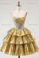 Suzhoufashion Gold Metallic Strapless Beaded A-Line Corset Short Homecoming Dress