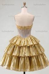 Suzhoufashion Gold Metallic Strapless Beaded A-Line Corset Short Homecoming Dress