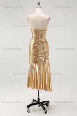 Suzhoufashion Gold Metallic Sweetheart Ruched High-Low Cocktail Dress