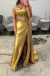 Suzhoufashion Gold Satin Corset Prom Dress Mermaid Beaded Long Formal Dress With Slit