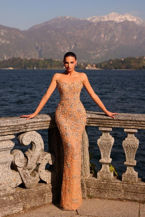 Suzhoufashion Golden Prom Dress Strapless Beaded Sheath/Column Prom Evening Gown