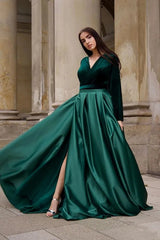 Suzhoufashion Green Long Sleeve Formal Dress Velvet Satin A Line V Neck Christmas Party Dress