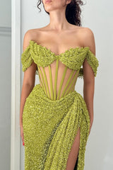 Suzhoufashion Green Off Shoulder Corset Sequin Prom Dress With High Slit Formal Evening Gown