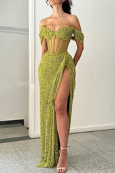 Suzhoufashion Green Off Shoulder Corset Sequin Prom Dress With High Slit Formal Evening Gown