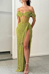 Suzhoufashion Green Off Shoulder Corset Sequin Prom Dress With High Slit Formal Evening Gown