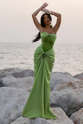 Suzhoufashion Green Ruched Bodice Mermaid Draped Maxi Prom Dress With Rosette Detail Formal Evening Gown