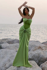Suzhoufashion Green Ruched Bodice Mermaid Draped Maxi Prom Dress With Rosette Detail Formal Evening Gown