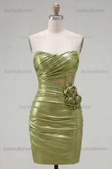 Suzhoufashion Green Strapless Ruched Corset Tight Short Homecoming Dress with 3D Flowers