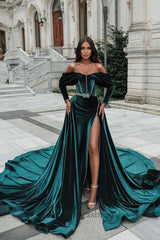 Suzhoufashion Green Velvet Formal Dress Mermaid Long Sleeve Christmas Party Dress with Slit