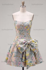 Suzhoufashion Grey A-Line Jacquard Short Corset Homecoming Dress with Bow