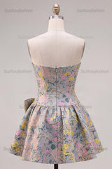 Suzhoufashion Grey A-Line Jacquard Short Corset Homecoming Dress with Bow