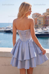 Suzhoufashion Grey-Blue Beaded A-Line Corset Short Homecoming Dress with Ruffles
