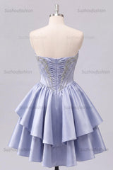 Suzhoufashion Grey-Blue Beaded A-Line Corset Short Homecoming Dress with Ruffles