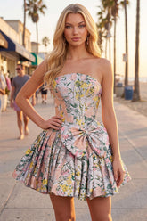 Suzhoufashion Grey Corset Jacquard A-Line Short Homecoming Dress with Bow