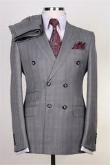 Suzhoufashion Grey Double Breasted Plaid Slim Fit Men Suits