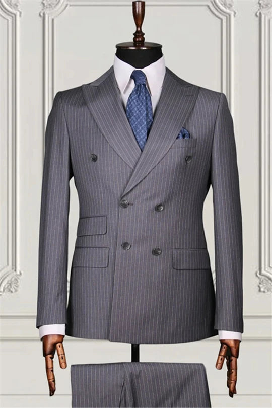 Suzhoufashion Grey Formal Striped Double Breasted Bespoke Men Suits