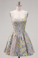 Suzhoufashion Grey Square Neck Jacquard A-Line Short Corset Homecoming Dress