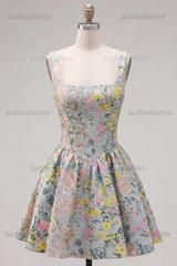 Suzhoufashion Grey Square Neck Jacquard A-Line Short Corset Homecoming Dress