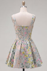 Suzhoufashion Grey Square Neck Jacquard A-Line Short Corset Homecoming Dress